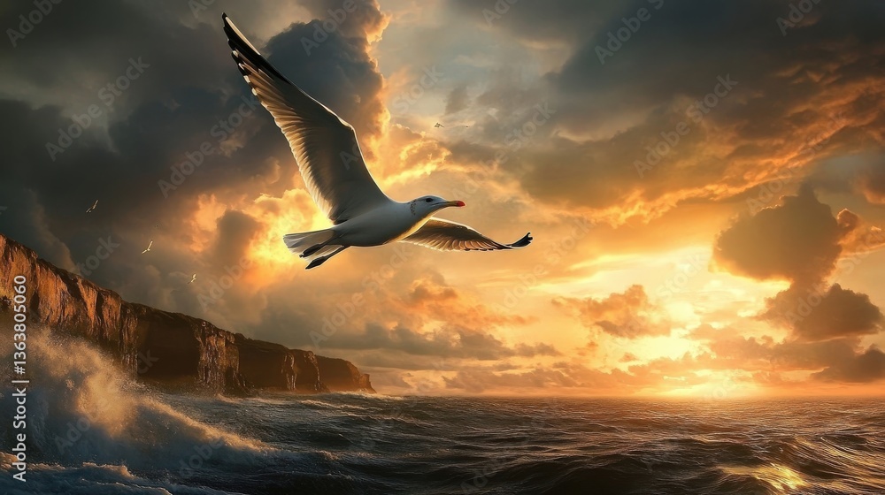 Naklejka premium A beautiful seagull is soaring gracefully above ocean waves