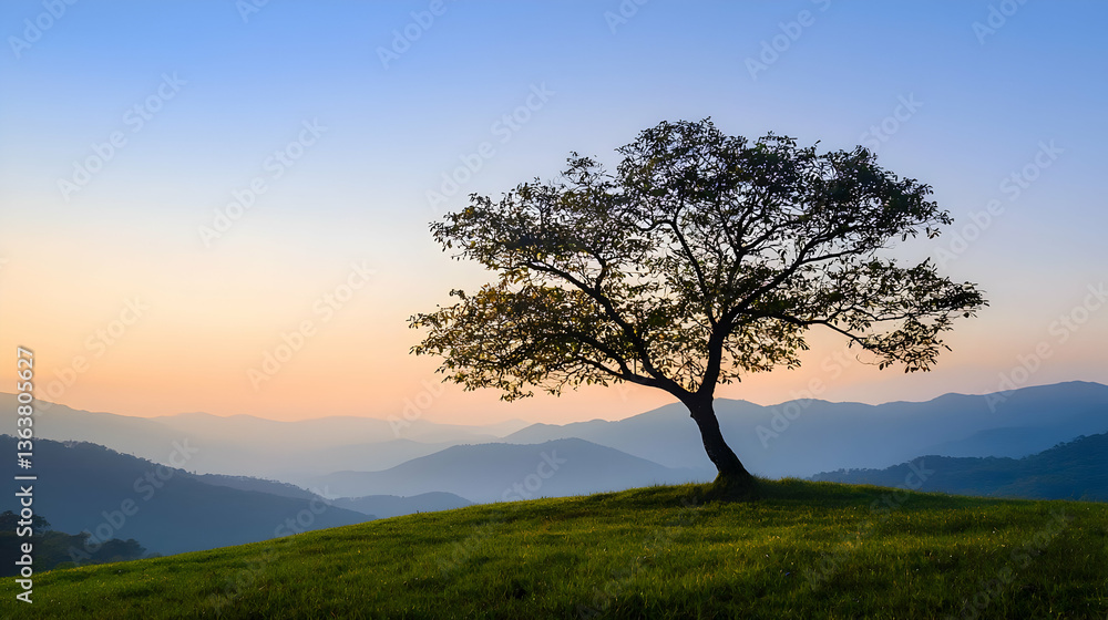 Solitary Tree Silhouette On Hilltop At Sunrise Solitary Tree Silhouette On Hilltop At Sunrise