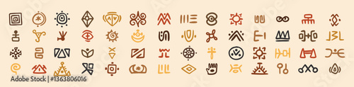 African tribal symbols Abstract geometric shapes doodle decoration set. Ethnic boho elements collection. Colorful mayan hand drawn design. 