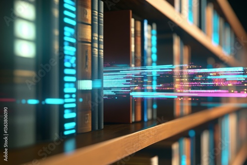  Digital data streams merging with traditional library books on wooden shelves, symbolizing technology integration