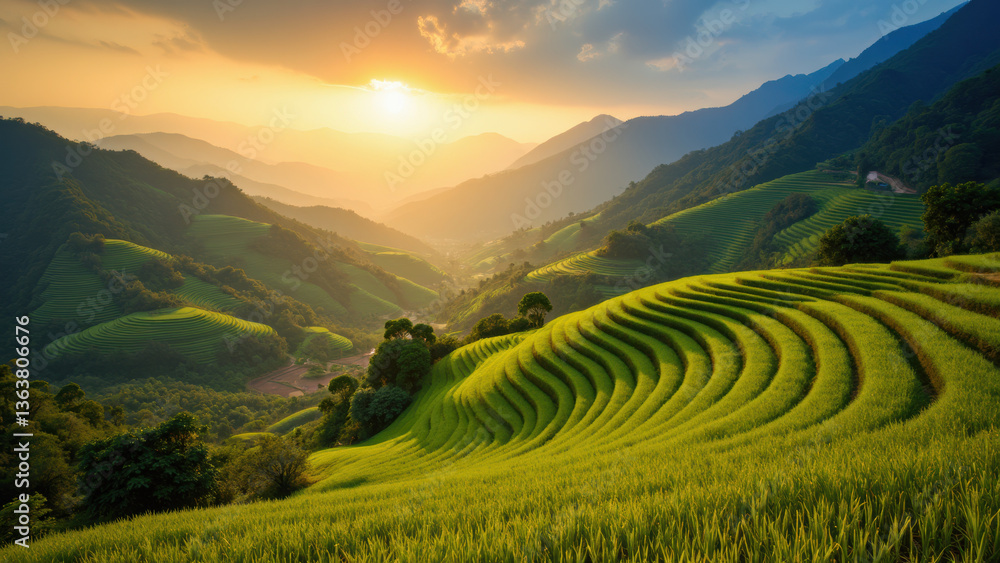 breathtaking landscape showcasing lush green terraced rice fields under vibrant sunset, with mountains in background breathtaking landscape showcasing lush green terraced rice fields under vibrant sunset, with mountains in background