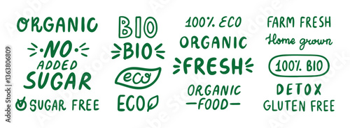 eco organic doodle hand drawn inscriptions lettering labels set. lettering text organic, 100 natural, bio, no added sugar and detox. healthy food icon