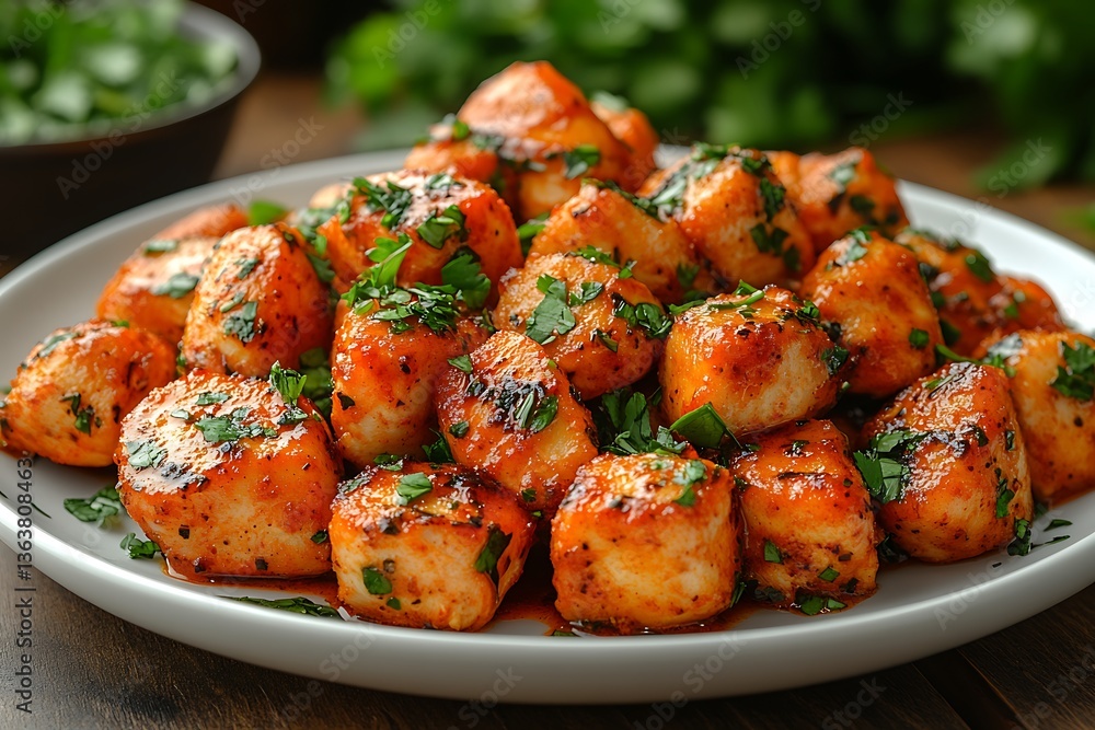 Deliciously Prepared Chicken Bites Arranged on a White Serving Plate Deliciously Prepared Chicken Bites Arranged on a White Serving Plate
