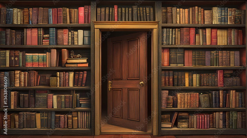 Antique library book room featuring a door as an escape hatch. stock. Timeless Hatch. Illustration Antique library book room featuring a door as an escape hatch. stock. Timeless Hatch. Illustration