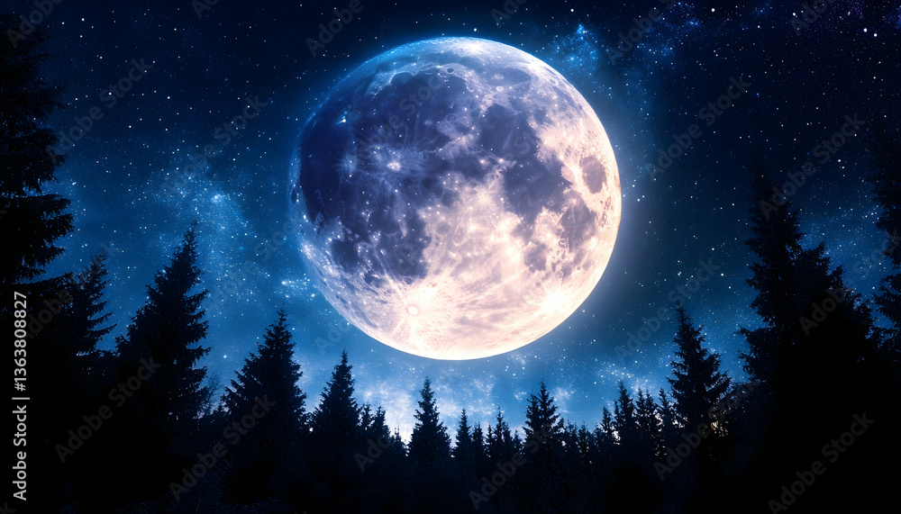Majestic full moon illuminating a dark evergreen forest at night Majestic full moon illuminating a dark evergreen forest at night