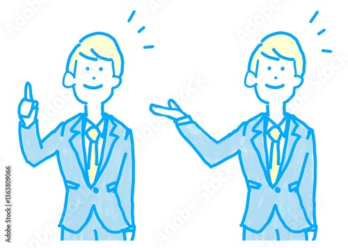 案内するスーツの人物