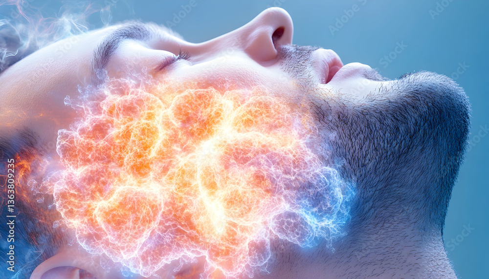 Fototapeta premium Man's face with glowing energy emanating from his jaw, suggesting pain or energy flow