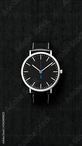 Wallpaper Mural Minimalist black wristwatch with silver casing and black leather strap on dark background Torontodigital.ca