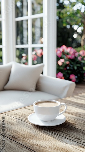 Wallpaper Mural Coffee cup on wooden table near a beige sofa with a garden view. Torontodigital.ca