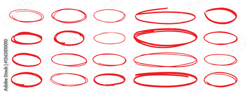 red pen hand drawn doodle marks, red circle and oval stroke set. Outline red drawing line clipart symbol