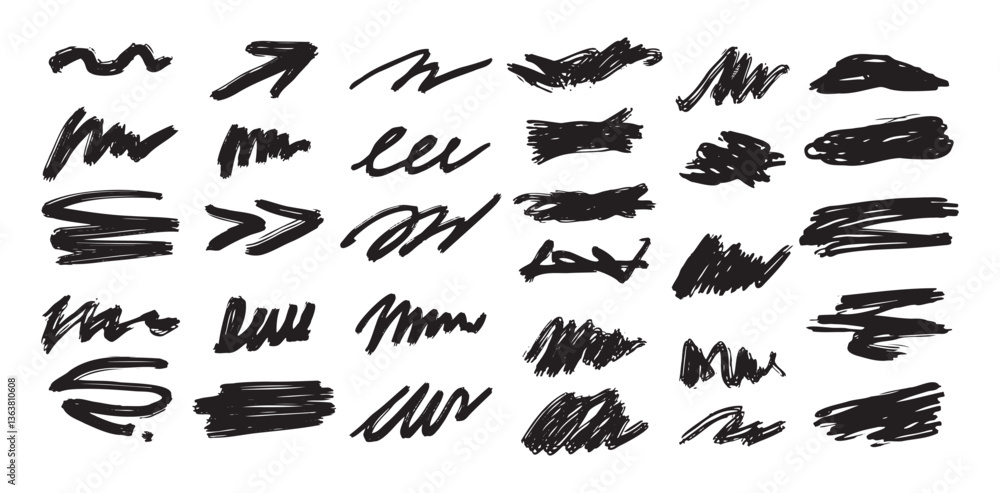 Obraz premium Black abstract brushstrokes, lines, squiggles and swirls set. Vector hand drawn illustration for decorations and various designs.