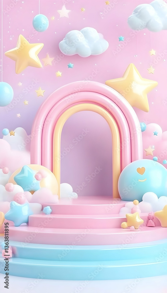 Pastel rainbow archway backdrop with stars, clouds, and balloons Pastel rainbow archway backdrop with stars, clouds, and balloons
