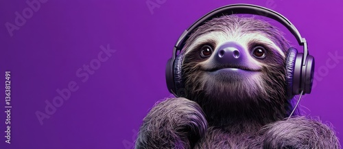 Sloth enjoys music, purple background.  Website banner