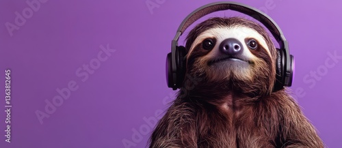 Sloth listening music headphones purple background fun