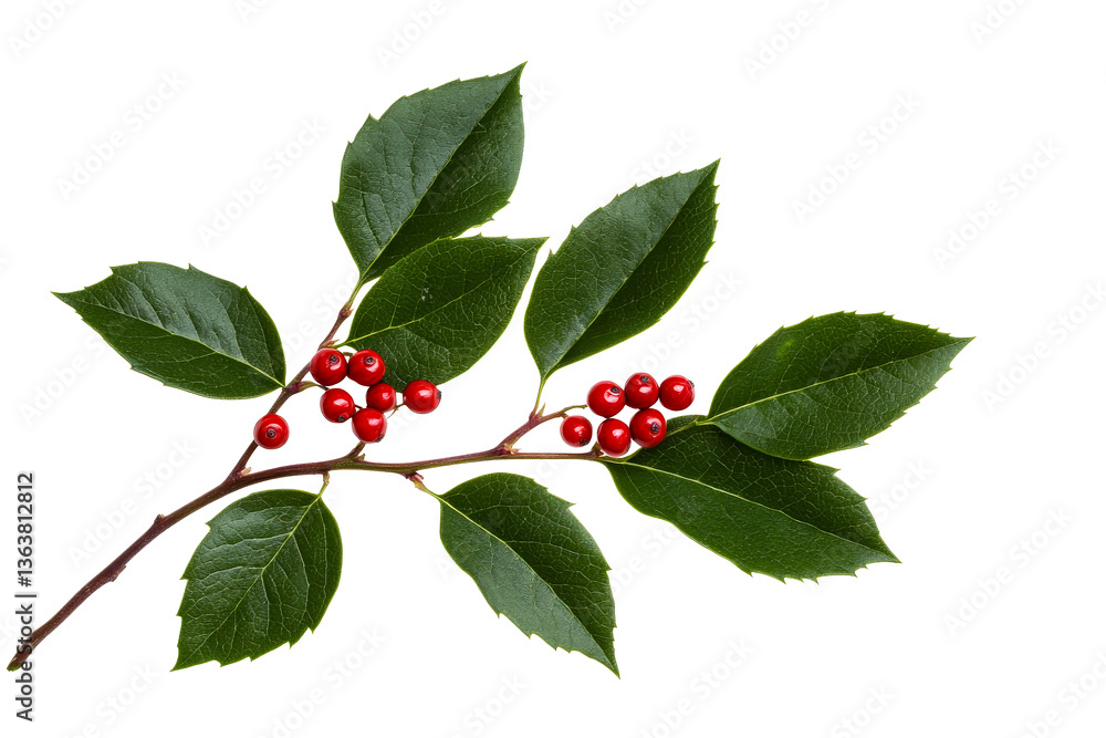 Holly Branch with Berries, Leaves, isolated against a Black Background, cut out transparent Holly Branch with Berries, Leaves, isolated against a Black Background, cut out transparent