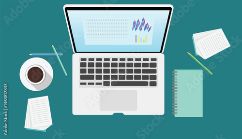 Workplace desk showing laptop displaying statistical charts, coffee, notepad and pencils