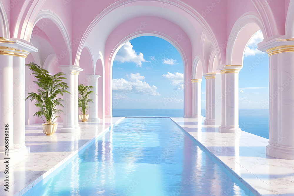 Fototapeta premium Pink palace, arched hallway, infinity pool, ocean view