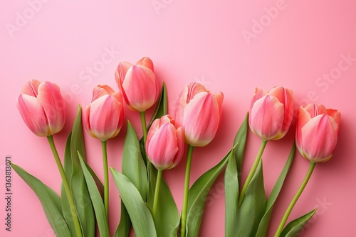 Pink tulips arranged beautifully on a pastel pink background  