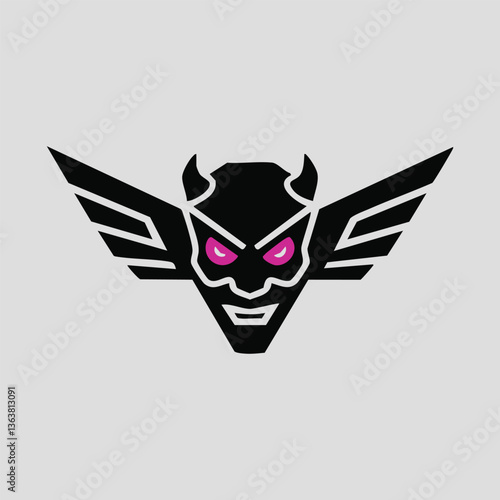 Black devilish face with wings, pink eyes, and horns. Vector design