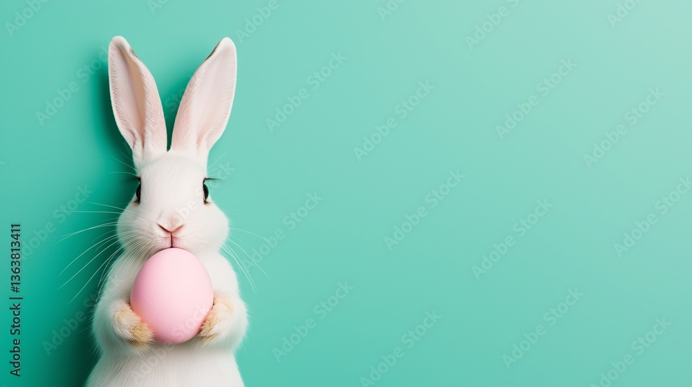Obraz premium Adorable White Easter Bunny Holding Pink Egg Against Teal Background
