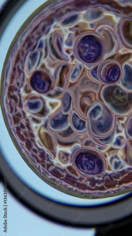 Close-up video of a colorful, abstract pattern resembling a cell structure, shot from a top-down angle with a soft focus effect. Live mobile wallpaper. Close-up video of a colorful, abstract pattern resembling a cell structure, shot from a top-down angle with a soft focus effect. Live mobile wallpaper.