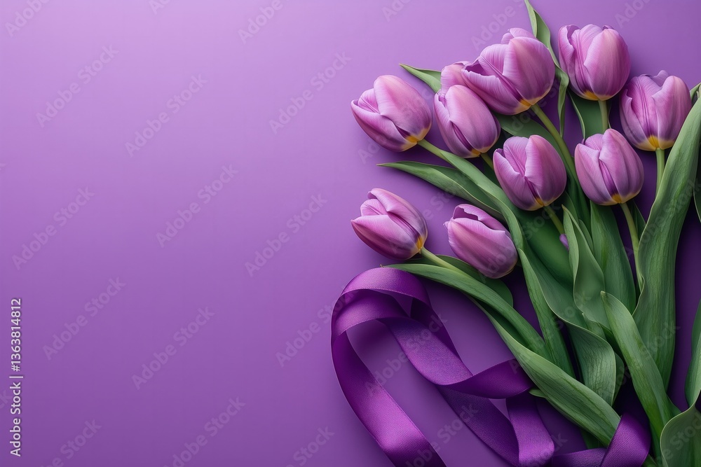 Obraz premium Purple Tulip Bouquet with Ribbon on Purple Background 