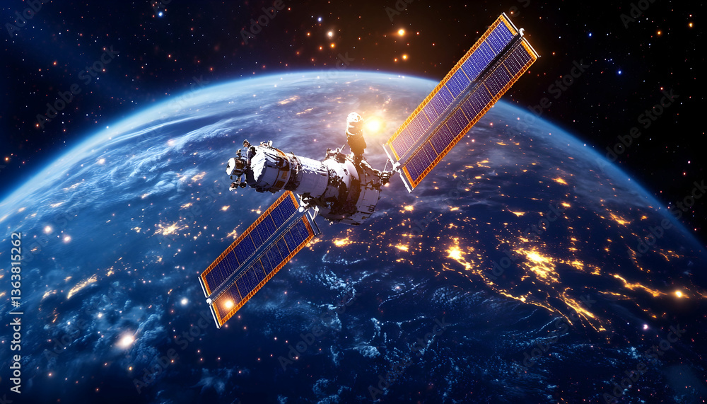 Obraz premium Satellite orbiting Earth at night, showing city lights and solar panels