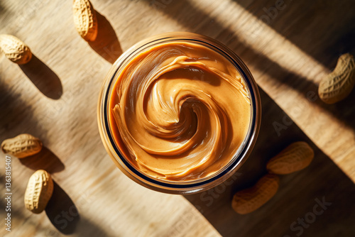 Overhead shot of a jar of creamy peanut butter on a wooden surface, surrounded by scattered peanuts, with natural sunlight casting shadows.