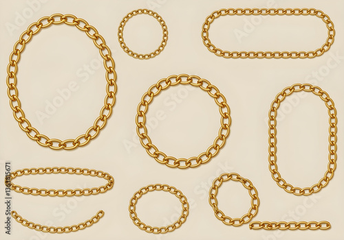 Wallpaper Mural 3D gold chain frame, Oval or round rectangle. Seamless luxury golden frame set, Golden chains of different shapes realistic.  Torontodigital.ca