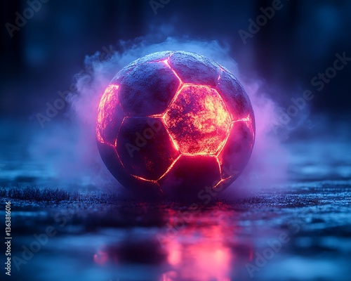 A glowing and smoky soccer ball reflecting upon a surface