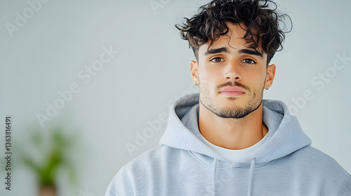 Serious young man with curly hair in a light grey hoodie, looking directly at the camera