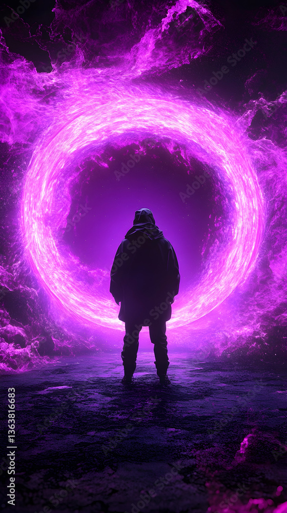 Fototapeta premium Silhouetted figure facing a vibrant purple, fiery ring portal in a dark, smoky landscape