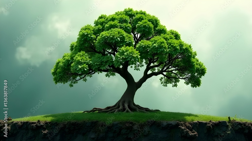 Majestic green tree standing on a hill under a cloudy sky at midday with vibrant foliage and strong roots Majestic green tree standing on a hill under a cloudy sky at midday with vibrant foliage and strong roots