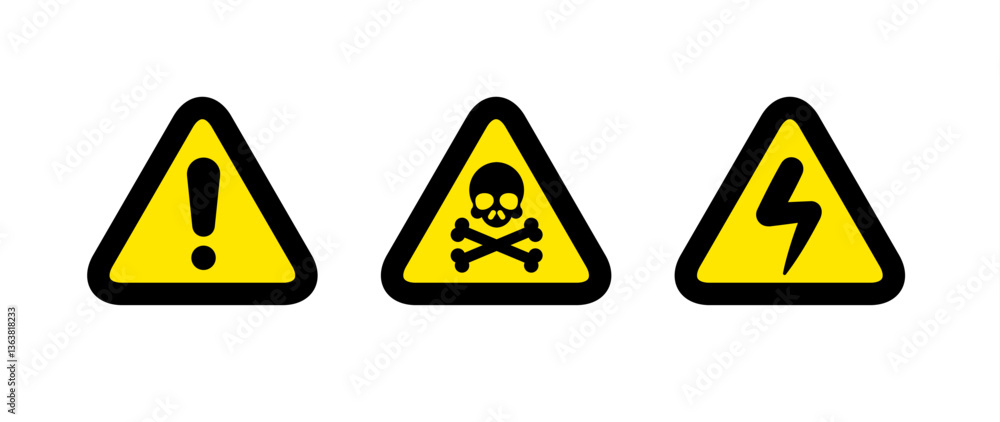 Set of three warning signs with exclamation mark, skull with crossbones, and electric hazard. Safety, danger, risk, hazard. Industrial, workplace safety, regulatory design. Vector illustration. Set of three warning signs with exclamation mark, skull with crossbones, and electric hazard. Safety, danger, risk, hazard. Industrial, workplace safety, regulatory design. Vector illustration.