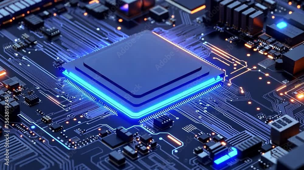 Electric-blue CPU chip connecting with neon-lit motherboard circuits