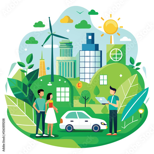 Obraz na płótnie Eco-friendly car in a green city landscape with trees, buildings, and a clear sky, showcasing sustainable transportation and nature in a vibrant urban setting w salonie