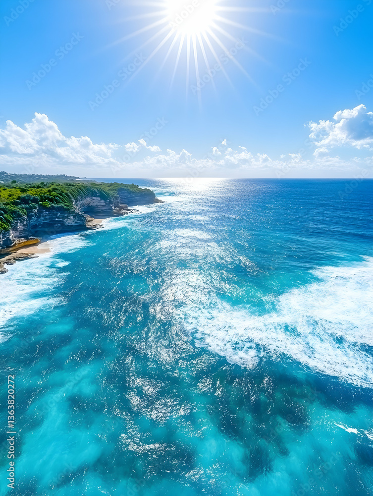 Fototapeta premium Sunlit ocean vista, turquoise water, green cliffs, and bright sky