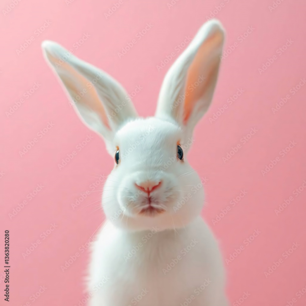 Obraz premium Cute white bunny in various poses on soft pink background holding or playing with pastel eggs