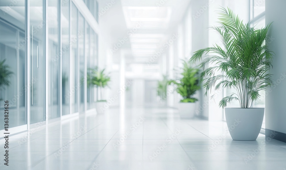 Modern, bright office hallway with plants (1) Modern, bright office hallway with plants (1)
