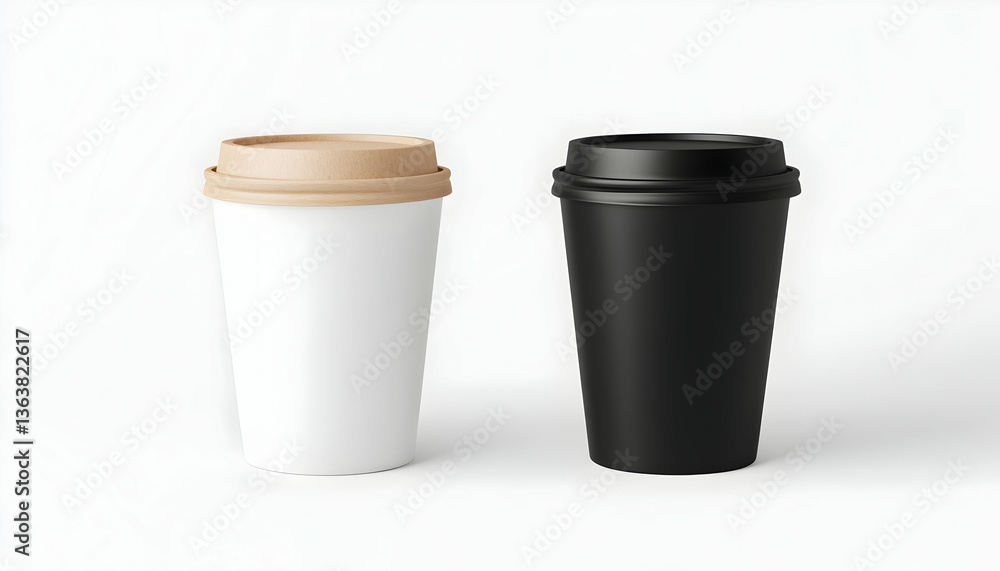 Two disposable coffee cups, one white and one black, with lids, on a white background Two disposable coffee cups, one white and one black, with lids, on a white background