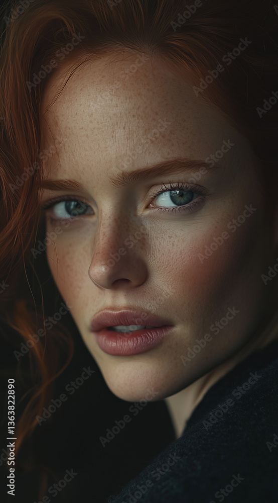 Close up portrait of red-haired woman with freckles and intense gaze
Close up portrait of red-haired woman with freckles and intense gaze
