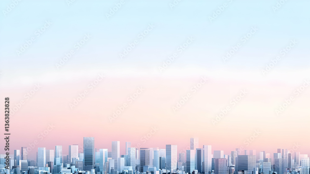 Fototapeta premium Abstract Cityscape With Skyscrapers And Building Silhouettes Against Gradient Blue And Pink Sky