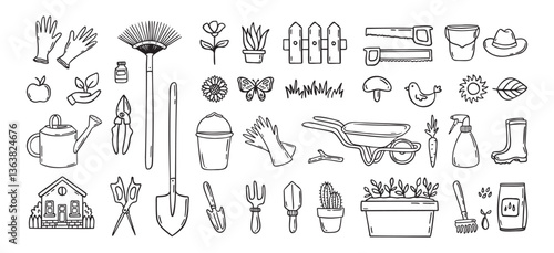 Gardener tools hand drawn doodle icons set. Hobby gardening. Garden items for plant care and backyard cleaning. Garden line clipart.