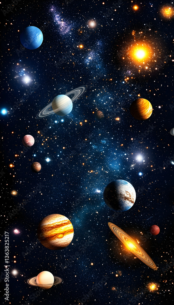 Obraz premium Vibrant planets, stars, and nebulae fill a cosmic scene