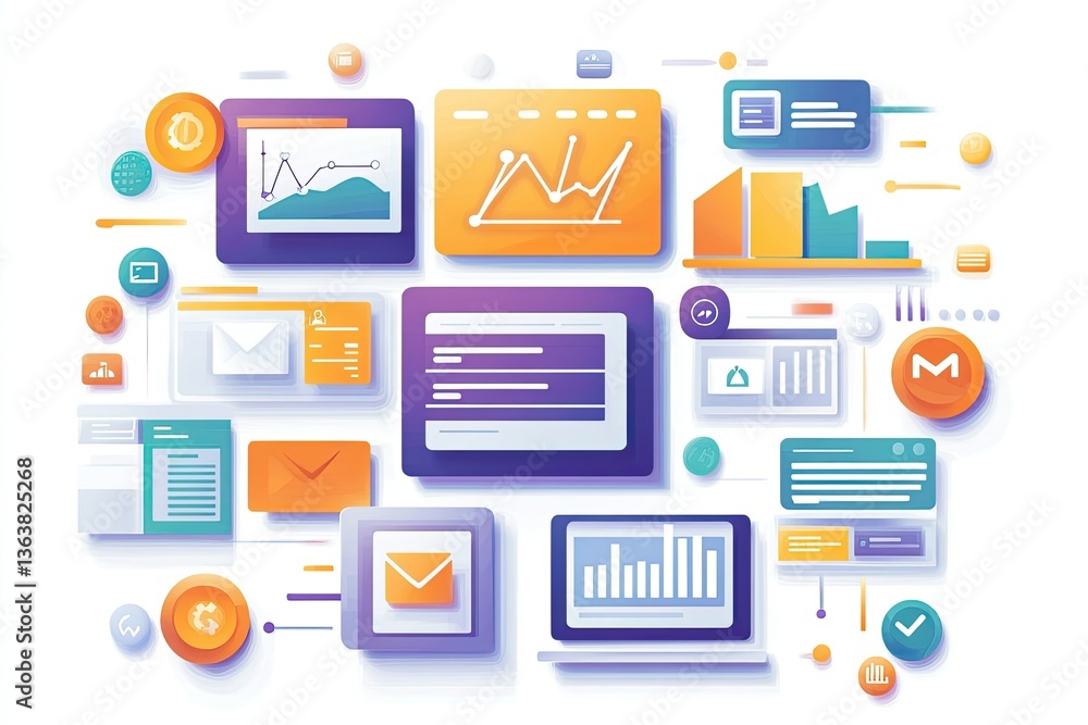 Isometric Interface Elements with Charts, Graphs, Data Presentation on White Backdrop Isometric Interface Elements with Charts, Graphs, Data Presentation on White Backdrop