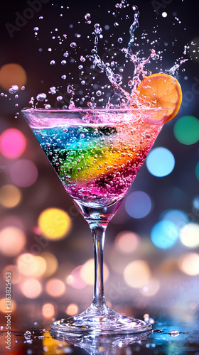 Vibrant rainbow cocktail splashing in martini glass, colorful bokeh background
