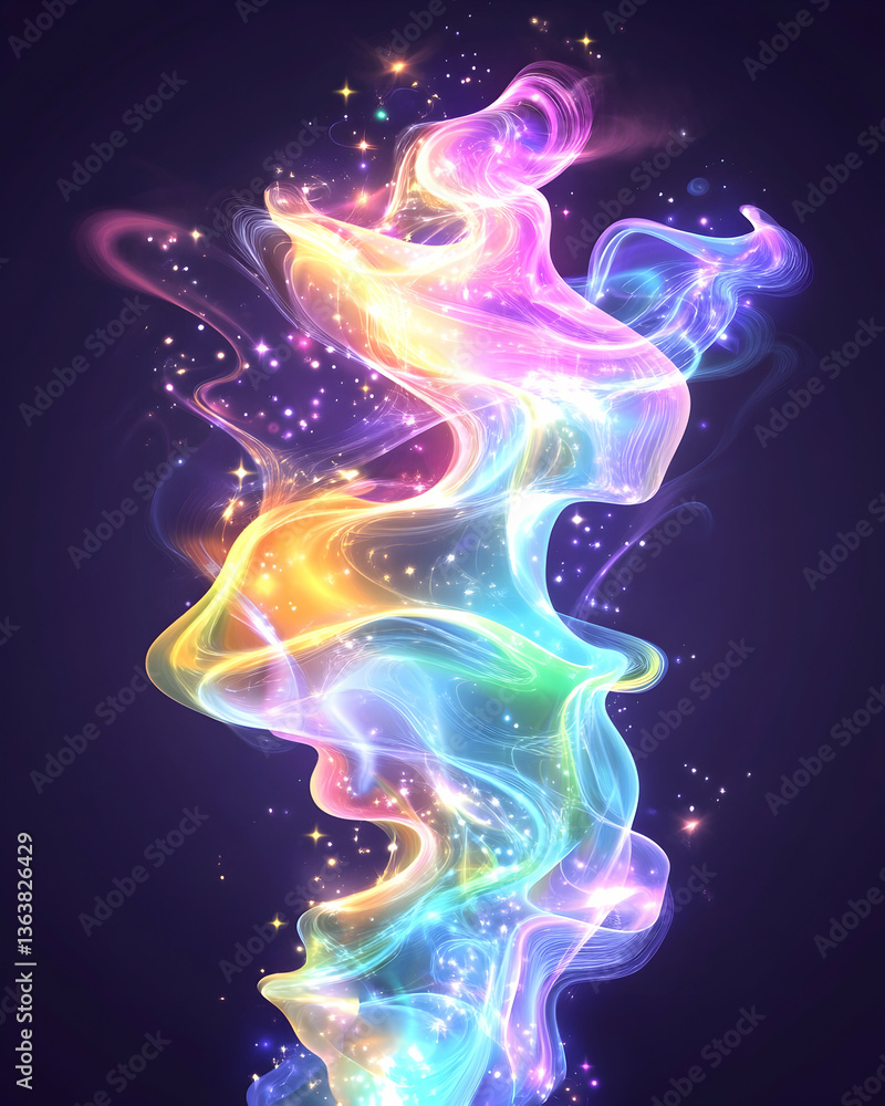 Vibrant, swirling, rainbow-colored energy with glittering particles against a dark background Vibrant, swirling, rainbow-colored energy with glittering particles against a dark background