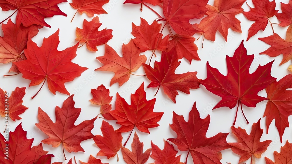 A seamless pattern featuring an arrangement of various red maple leaves scattered against a white background A seamless pattern featuring an arrangement of various red maple leaves scattered against a white background