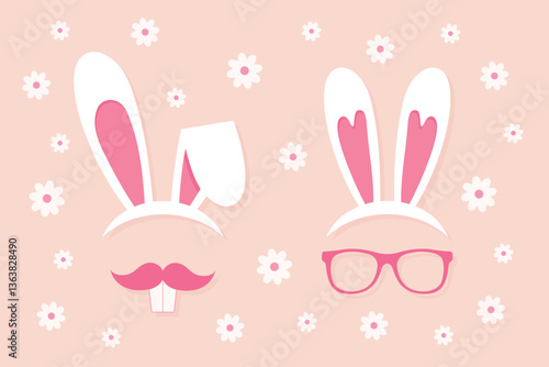 Easter photo props, funny bunny ears, eyeglasses, mustache with teeth, pink rabbit mask, hare costume, vector design elements