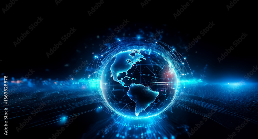 A glowing blue globe is encircled by a network of bright lines and dots, illustrating global connectivity and digital tech on a dark field. Symbolizes modern communication. A glowing blue globe is encircled by a network of bright lines and dots, illustrating global connectivity and digital tech on a dark field. Symbolizes modern communication.